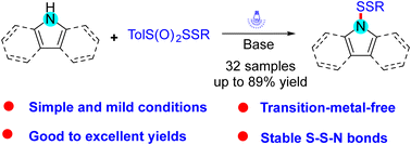 Graphical abstract: Visible-light-induced synthesis of N-disulfanyl indoles, pyrroles or carbazoles via the construction of stable S–S–N bonds