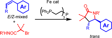 Graphical abstract: Trans-selective cyclizations of alpha-bromocarboxamides and E/Z-mixed internal olefins catalyzed by a Fe salt