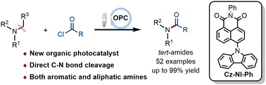 Graphical abstract: Organic photoredox catalyzed dealkylation/acylation of tertiary amines to access amides