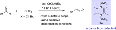 Graphical abstract: Chromium-catalyzed olefination of arylaldehydes with haloforms assisted by 2,3,5,6-tetramethyl-N,N′-bis(trimethylsilyl)-1,4-dihydropyrazine