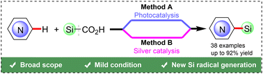Graphical abstract: Decarboxylative C–H silylation of N-heteroarenes with silanecarboxylic acids