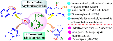 Graphical abstract: Dearomative bis-functionalization of quinoxalines and bis-N-arylation of (benz)imidazoles via Cu(ii)-mediated addition of boronic acids