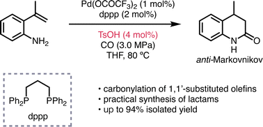 Graphical abstract: Hydrogen-free palladium-catalyzed intramolecular anti-Markovnikov hydroaminocarbonylation of 2-(1-methylvinyl)anilines