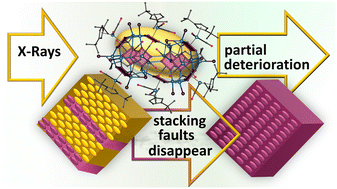 Graphical abstract: Aftermath of irradiation: the stacking faults in crystal of giant supramolecule unexpectedly mended before total decay