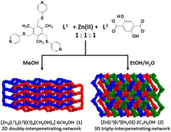 Graphical abstract: Structural characterization and solvent vapor sorption of two solvent-dependent Zn(ii) supramolecular architectures based on a flexible tripodal thioether-based pyridyl ligand and a dicarboxylate-based ligand