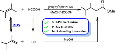 Graphical abstract: Palladium-catalyzed generation of CO from formic acid for alkoxycarbonylation of internal alkenes involves a PTSA-assisted NH–Pd mechanism: a DFT mechanistic study