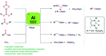 Graphical abstract: Organoaluminum hydrides catalyzed hydroboration of carbonates, esters, carboxylic acids, and carbon dioxide