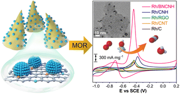 Graphical abstract: Ultrafine Rh nanocrystals grown onto a boron and nitrogen codoped carbon support with a horn-shaped structure for highly efficient methanol oxidation