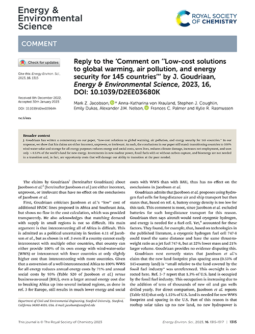 Reply to the ‘Comment on “Low-cost solutions to global warming, air pollution, and energy security for 145 countries”’ by J. Goudriaan, Energy & Environmental Science, 2023, 16, DOI: 10.1039/D2EE03680K