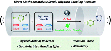 Graphical abstract: The impact of the physical state and the reaction phase in the direct mechanocatalytic Suzuki–Miyaura coupling reaction