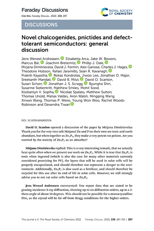 Novel chalcogenides, pnictides and defect-tolerant semiconductors: general discussion