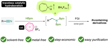 Graphical abstract: Tropylium tetrafluoroborate promoted hydroboration of nitriles, imines and amides