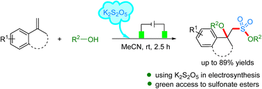 Graphical abstract: Electrochemical multi-component reaction of potassium metabisulfite with alkenes and alcohols enabling synthesis of sulfonate esters