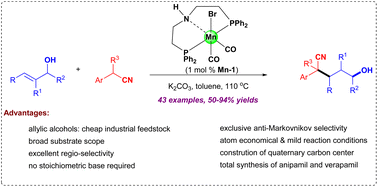 Graphical abstract: Manganese catalyzed cross-coupling of allylic alcohols and nitriles: an elegant route for access to δ-hydroxynitriles