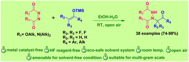 Graphical abstract: Developing a transition-metal-free green protocol for the electrophilic hydrazination of silyl enol ethers using diazo electrophiles with EtOH–H2O as a safe solvent