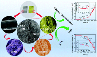 Graphical abstract: Engineering of a self-supported carbon electrode with 2D ultrathin heterostructures of NiCo LDH/NiCoS via a MOF-template for sensitive detection of glucose and H2O2