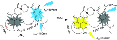 Graphical abstract: An ICT-FRET-based fluorescent probe for the ratiometric sensing of hypochlorous acid based on a coumarin–naphthalimide derivative