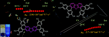 Graphical abstract: Ditriphenylenothiophene butterfly-shape liquid crystals. The influence of polyarene core topology on self-organization, fluorescence and photoconductivity