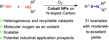 Graphical abstract: Sustainable aerobic oxidative coupling of thiols and amines for selective formation of sulfenamides using MOF-derived cobalt nanoparticles supported on N-doped carbon