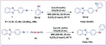 Graphical abstract: Microwave assisted C–S cross-coupling reaction from thiols and 2-(4-bromo phenyl)-benzothiazole employed by CuI in acetonitrile