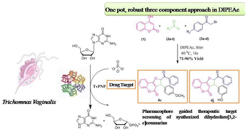 Graphical abstract: Convenient multicomponent synthesis of furo[3,2-c]coumarins in the promoting medium DIPEAc and assessment of their therapeutic potential through in silico pharmacophore based target screening