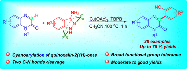 Graphical abstract: Copper-catalyzed oxidative direct C3-cyanoarylation of quinoxalin-2(1H)-ones via denitrogenative ring-opening of 3-aminoindazoles