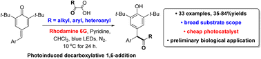 Graphical abstract: Photoinduced decarboxylative 1,6-addition of para-quinone methides with α-keto acids: an eco-friendly approach to α,α′-diarylated ketones