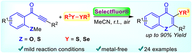 Graphical abstract: Synthesis of chalcogen-functionalized 4H-chromen-4-ones via cyclization/chalcogenation of alkynyl aryl ketones mediated by Selectfluor®