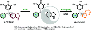 Graphical abstract: Solvent-controlled regioselective C(5)–H/N(1)–H bond alkylations of indolines and C(6)–H bond alkylations of 1,2,3,4-tetrahydroquinolines with para-quinone methides