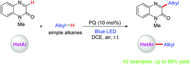 Graphical abstract: Phenanthrenequinone (PQ) catalyzed cross-dehydrogenative coupling of alkanes with quinoxalin-2(1H)-ones and simple N-heteroarenes under visible light irradiation