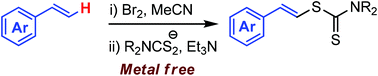 Graphical abstract: One-pot two-step dithiocarbamylation of styrenes: metal-free stereoselective synthesis of styrenyl dithiocarbamates