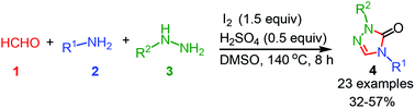 Graphical abstract: A simple iodine–DMSO-promoted multicomponent reaction for the synthesis of 2,4-disubstituted dihydrotriazole-3-ones