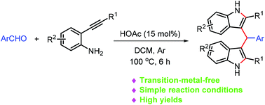 Graphical abstract: HOAc catalyzed three-component reaction for the synthesis of 3,3′-(arylmethylene)bis(1H-indoles)