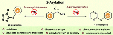 Graphical abstract: Metal-free S-arylation of 5-mercaptotetrazoles and 2-mercaptopyridine with unsymmetrical diaryliodonium salts