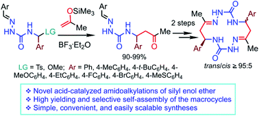 Graphical abstract: A general and stereoselective approach to 14-membered cyclic bis-semicarbazones involving BF3-catalyzed amidoalkylation of 2-(trimethylsilyloxy)propene