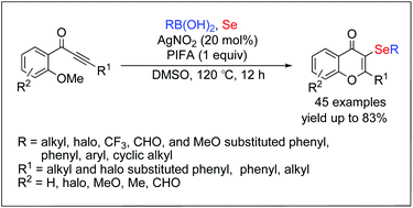 Graphical abstract: Silver-catalysed three-component reactions of alkynyl aryl ketones, element selenium, and boronic acids leading to 3-organoselenylchromones