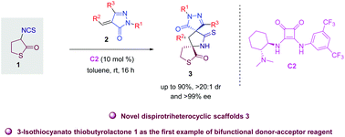 Graphical abstract: Catalytic asymmetric Michael/cyclization reaction of 3-isothiocyanato thiobutyrolactone: an approach to the construction of a library of bispiro[pyrazolone-thiobutyrolactone] skeletons