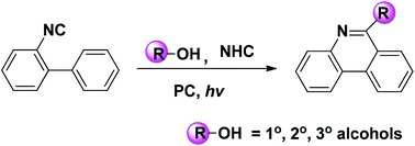 Graphical abstract: NHC–alcohol adduct-mediated photocatalytic deoxygenation for the synthesis of 6-phenanthridine derivatives