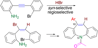 Graphical abstract: A new approach to 10-arylated 5H-dibenzo[b,f]azepines using syn-selective hydrohalogenation of ethynylaniline