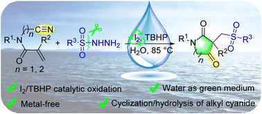 Graphical abstract: Cyclization/hydrolysis of 1,5-enenitriles initiated by sulfonyl radicals in the aqueous phase in the presence of the I2/TBHP system