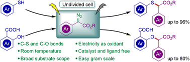 Graphical abstract: Electrochemical S–H and O–H insertion reactions from thiols or salicylic acids with diazo esters