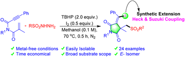 Graphical abstract: Iodo-sulphonylation of 1,6-enynones: a metal-free strategy to synthesize N-substituted succinimides