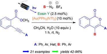 Graphical abstract: Cooperative photoredox/gold catalysed cyclization of 2-alkynylbenzoates with arenediazonium salts: synthesis of 3,4-disubstituted isocoumarins