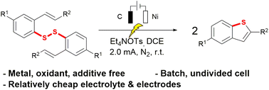 Graphical abstract: Catalyst-free electrosynthesis of benzothiophenes from 2-alkenylaryl disulfides