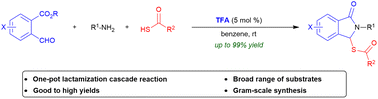 Graphical abstract: A Brønsted acid-catalyzed thioacid addition to in situ-generated aldimine for the synthesis of isoindolinones with the N,S-acetal framework