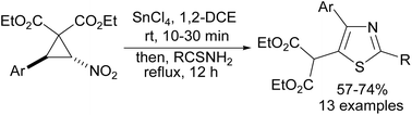 Graphical abstract: SnCl4-mediated one-pot synthesis of 2,4,5-trisubstituted thiazoles from nitro-substituted donor–acceptor cyclopropanes and thioamides