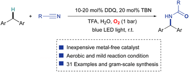 Graphical abstract: Visible-light-mediated aerobic Ritter-type C–H amination of diarylmethanes using DDQ/tert-butyl nitrite