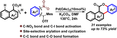 Graphical abstract: ortho-Nitro-substituted diaryliodonium salts enabled regioselective cyclization of arylcarboxylic acids toward 3,4-naphthocoumarins