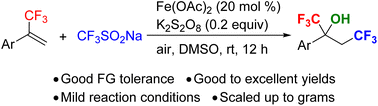 Graphical abstract: Fe-catalyzed hydroxytrifluoromethylation of α-(trifluoromethyl)styrenes with CF3SO2Na: facile access to α,β-bistrifluoromethyl tertiary alcohols