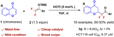 Graphical abstract: A highly efficient metal-free selective 1,4-addition of difluoroenoxysilanes to chromones